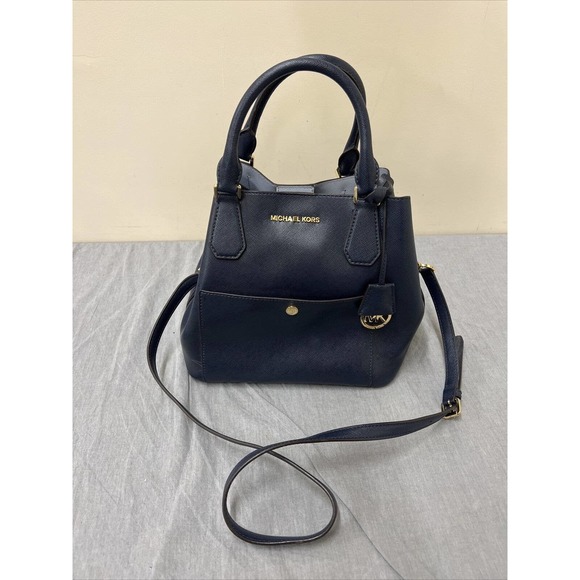 Michael Kors 2 LOOKS Greenwich Saffiano Leather Large Tote Handbag Navy Charity - Picture 1 of 10